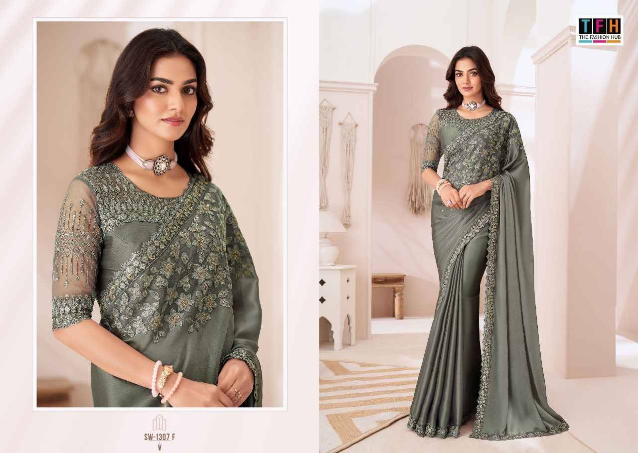 Sandalwood 1307 Colours By TFH 1307-A To 1307-F Series Indian Traditional Wear Collection Beautiful Stylish Fancy Colorful Party Wear & Occasional Wear Satin Georgette Sarees At Wholesale Price