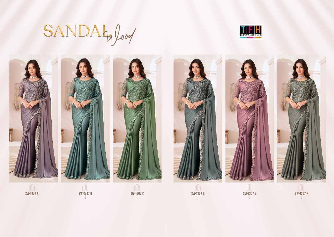 Sandalwood 1307 Colours By TFH 1307-A To 1307-F Series Indian Traditional Wear Collection Beautiful Stylish Fancy Colorful Party Wear & Occasional Wear Satin Georgette Sarees At Wholesale Price