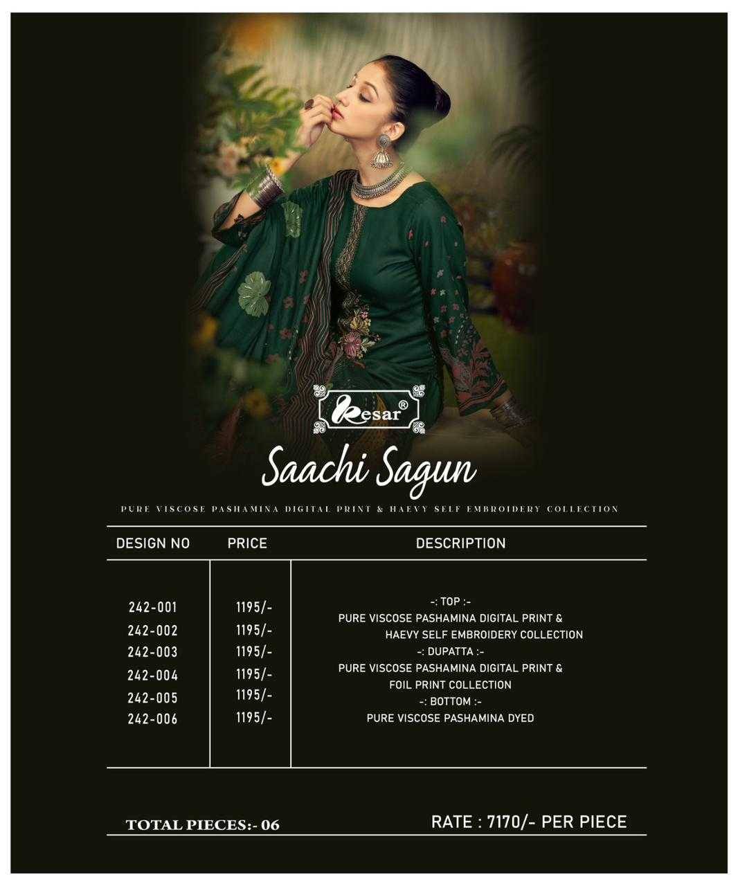 Saachi Sagun By Kesar 242-001 To 242-006 Series Beautiful Festive Suits Stylish Fancy Colorful Casual Wear & Ethnic Wear Pure Viscose Pashmina Print Dresses At Wholesale Price