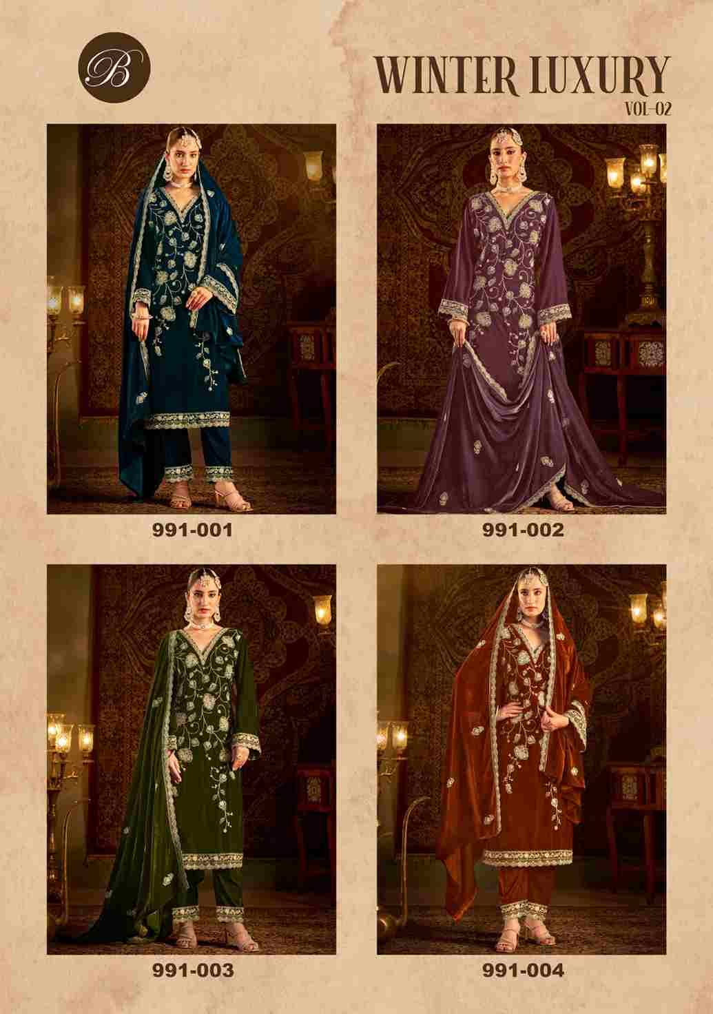 Winter Luxury Vol-2 By Belliza 991-001 To 991-004 Series Beautiful Stylish Festive Suits Fancy Colorful Casual Wear & Ethnic Wear & Ready To Wear Pure Velvet Embroidered Dresses At Wholesale Price