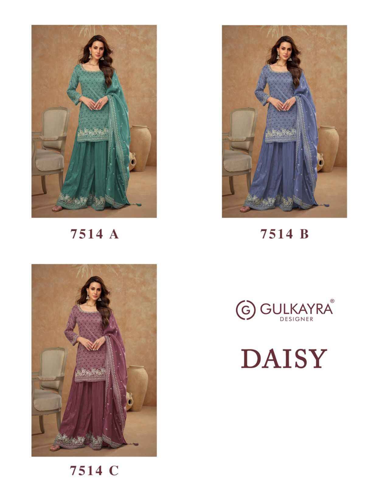 Daisy By Gulkayra Designer 7514-A To 7514-C Series Designer Sharara Stylish Fancy Colorful Beautiful Party Wear & Ethnic Wear Collection Silk Dresses At Wholesale Price