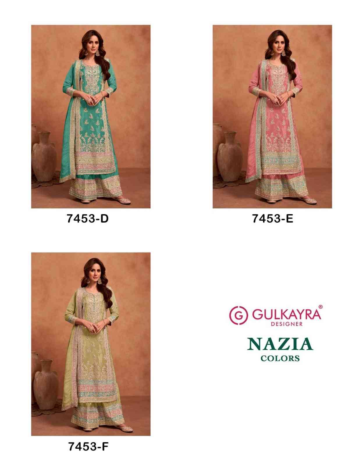 Nazia Colors By Gulkayra Designer 7453-D To 7453-F Series Beautiful Sharara Suits Colorful Stylish Fancy Casual Wear & Ethnic Wear Silk Embroidery Dresses At Wholesale Price