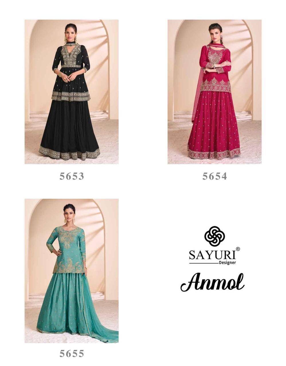 Anmol By Sayuri 5653 To 5655 Series Beautiful Sharara Suits Colorful Stylish Fancy Casual Wear & Ethnic Wear Chinnon Silk Embroidery Dresses At Wholesale Price