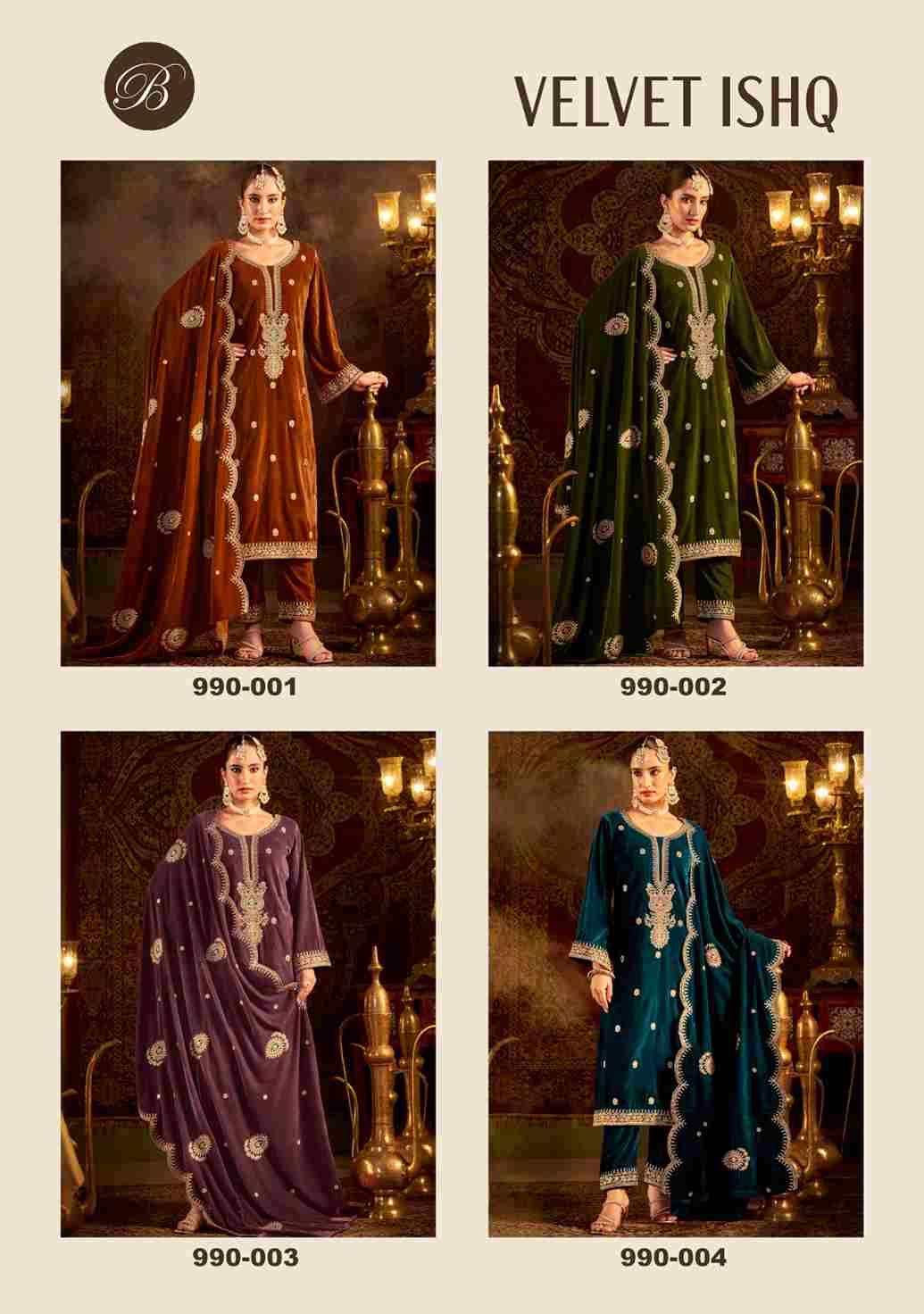 Velvet Ishq By Belliza 990-001 To 990-004 Series Beautiful Stylish Festive Suits Fancy Colorful Casual Wear & Ethnic Wear & Ready To Wear Pure Velvet Embroidered Dresses At Wholesale Price