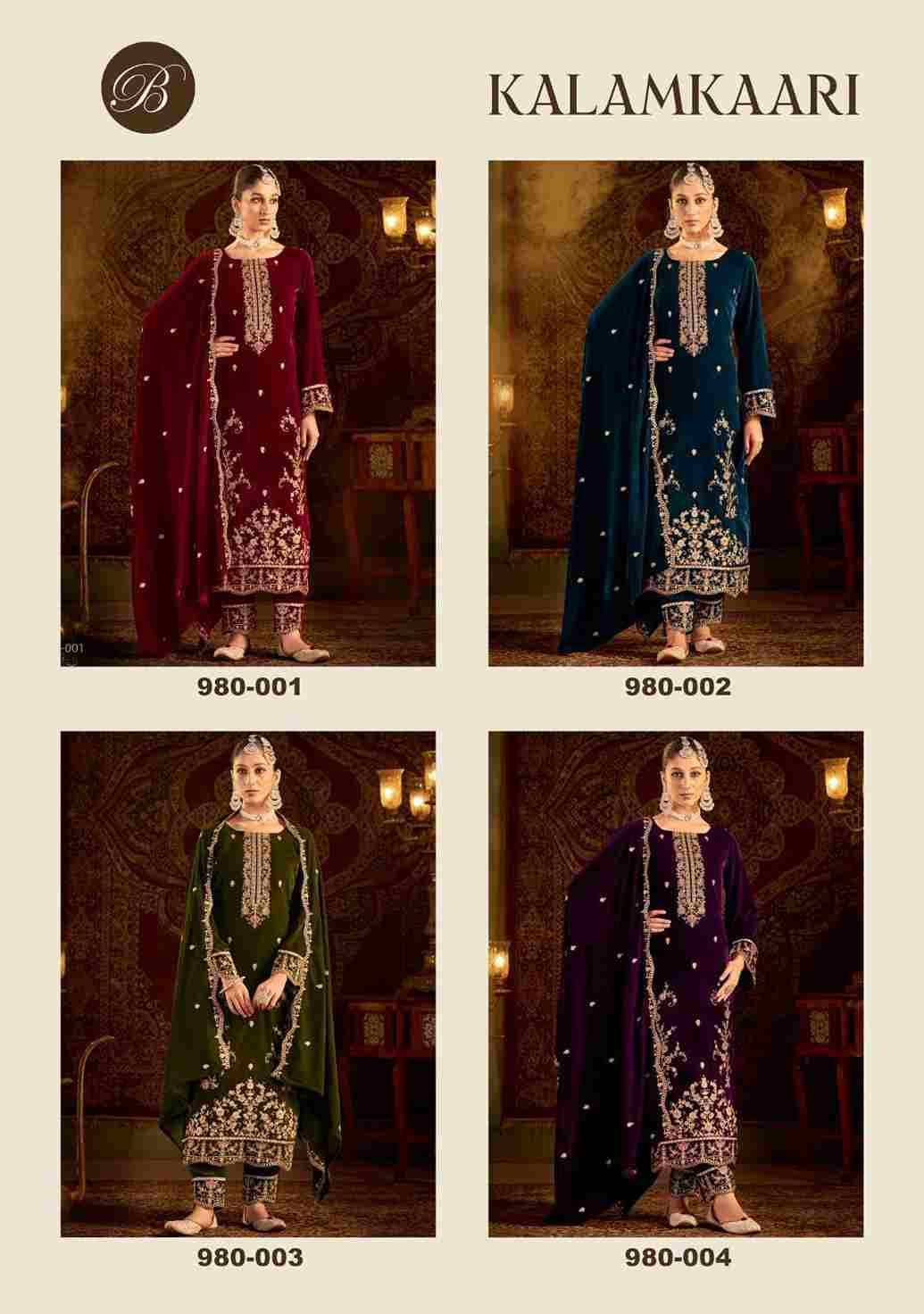 Kalamkaari By Belliza 980-001 To 980-004 Series Beautiful Stylish Festive Suits Fancy Colorful Casual Wear & Ethnic Wear & Ready To Wear Pure Velvet Embroidered Dresses At Wholesale Price