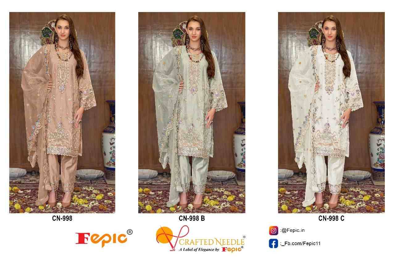 Fepic 998 Colours By Fepic 998-A To 998-C Series Beautiful Pakistani Suits Colorful Stylish Fancy Casual Wear & Ethnic Wear Organza Embroidered Dresses At Wholesale Price