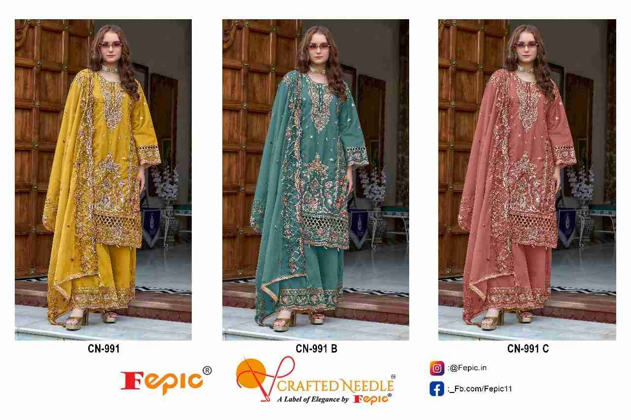 Fepic 991 Colours By Fepic 991-A To 991-C Series Beautiful Pakistani Suits Colorful Stylish Fancy Casual Wear & Ethnic Wear Organza Embroidered Dresses At Wholesale Price