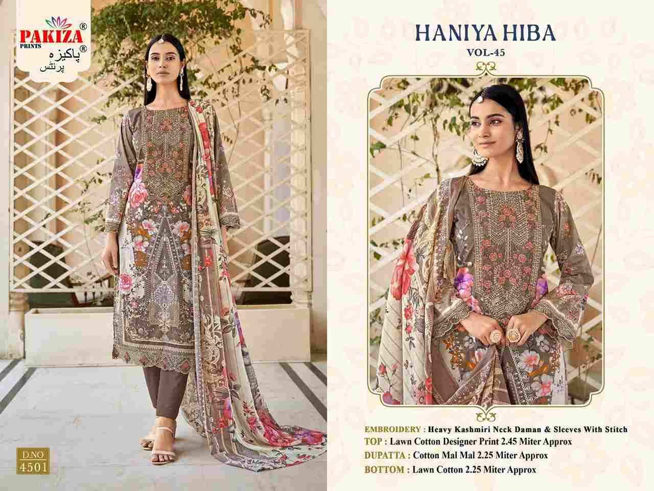 Haniya Hiba Vol-45 By Pakiza Prints 4501 To 4510 Series Beautiful Festive Suits Stylish Fancy Colorful Party Wear & Occasional Wear Lawn Cotton Dresses At Wholesale Price