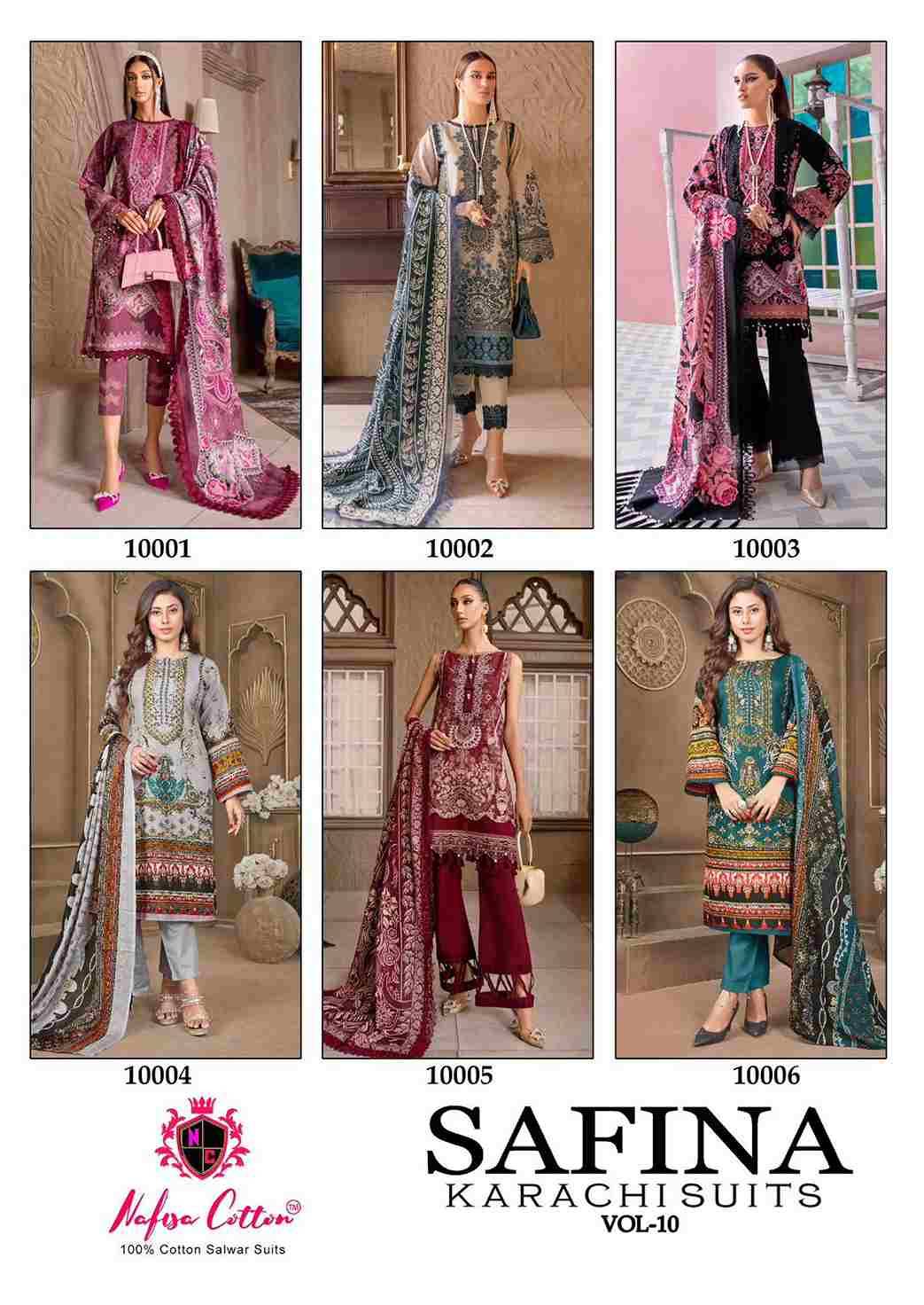 Safina Vol-10 By Nafisa Cotton 10001 To 10006 Series Beautiful Festive Suits Colorful Stylish Fancy Casual Wear & Ethnic Wear Pure Cotton Embroidered Dresses At Wholesale Price