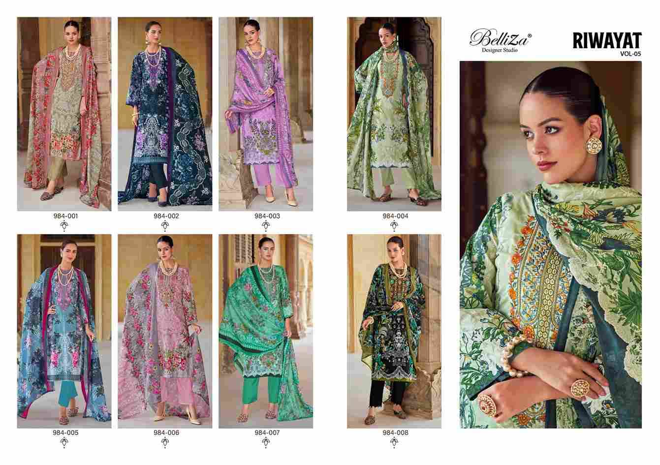 Riwayat Vol-5 By Belliza 984-001 To 984-008 Series Beautiful Festive Suits Stylish Fancy Colorful Casual Wear & Ethnic Wear Pure Viscose Rayon Print Dresses At Wholesale Price