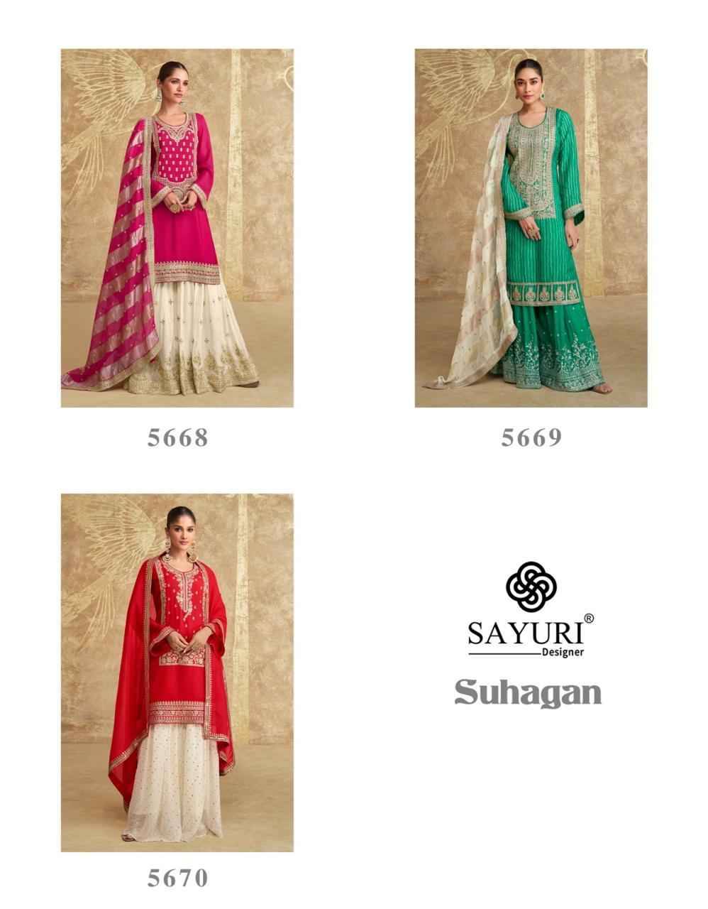 Suhagan By Sayuri 5668 To 5670 Series Beautiful Sharara Suits Stylish Fancy Colorful Casual Wear & Ethnic Wear Chinnon Silk Dresses At Wholesale Price