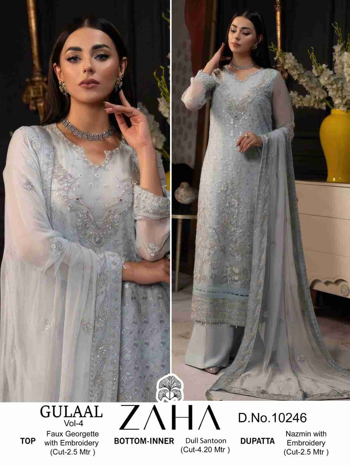 Gulaal Vol-4 By Zaha 10244 To 10246 Series Designer Pakistani Suits Beautiful Stylish Fancy Colorful Party Wear & Occasional Wear Faux Georgette With Embroidery Dresses At Wholesale Price