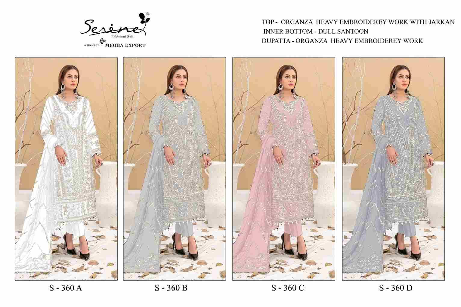 Serene Hit Design S-360 Colours By Serene S-360-A To S-360-D Series Designer Pakistani Suits Beautiful Fancy Colorful Stylish Party Wear & Occasional Wear Organza Embroidered Dresses At Wholesale Price