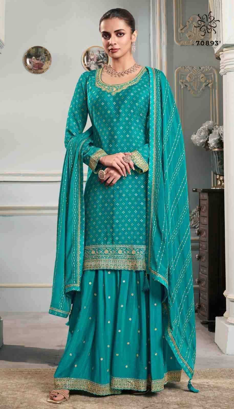 Shakhi By Vinay Fashion 70891 To 70894 Series Designer Sharara Suits Collection Beautiful Stylish Fancy Colorful Party Wear & Occasional Wear Chinnon Dresses At Wholesale Price