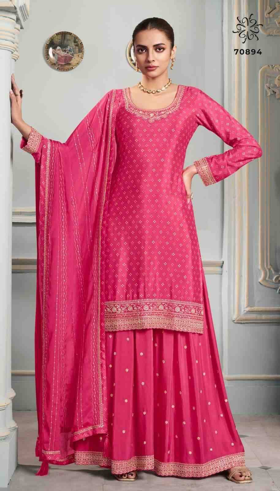 Shakhi By Vinay Fashion 70891 To 70894 Series Designer Sharara Suits Collection Beautiful Stylish Fancy Colorful Party Wear & Occasional Wear Chinnon Dresses At Wholesale Price