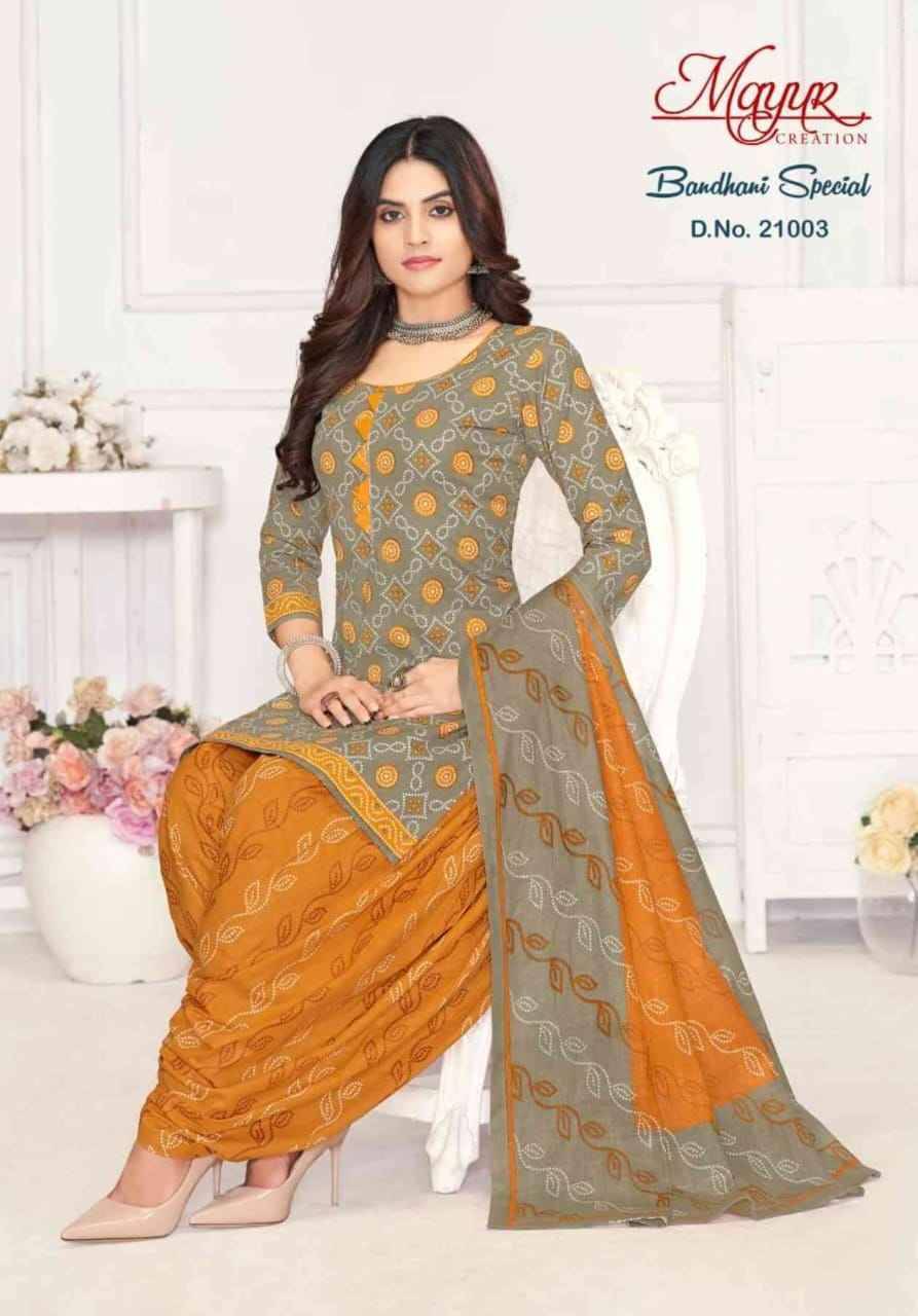 Bandhani Special Vol-21 By Mayur Creation 21001 To 21010 Series Beautiful Stylish Suits Fancy Colorful Casual Wear & Ethnic Wear & Ready To Wear Pure Cotton Dresses At Wholesale Price