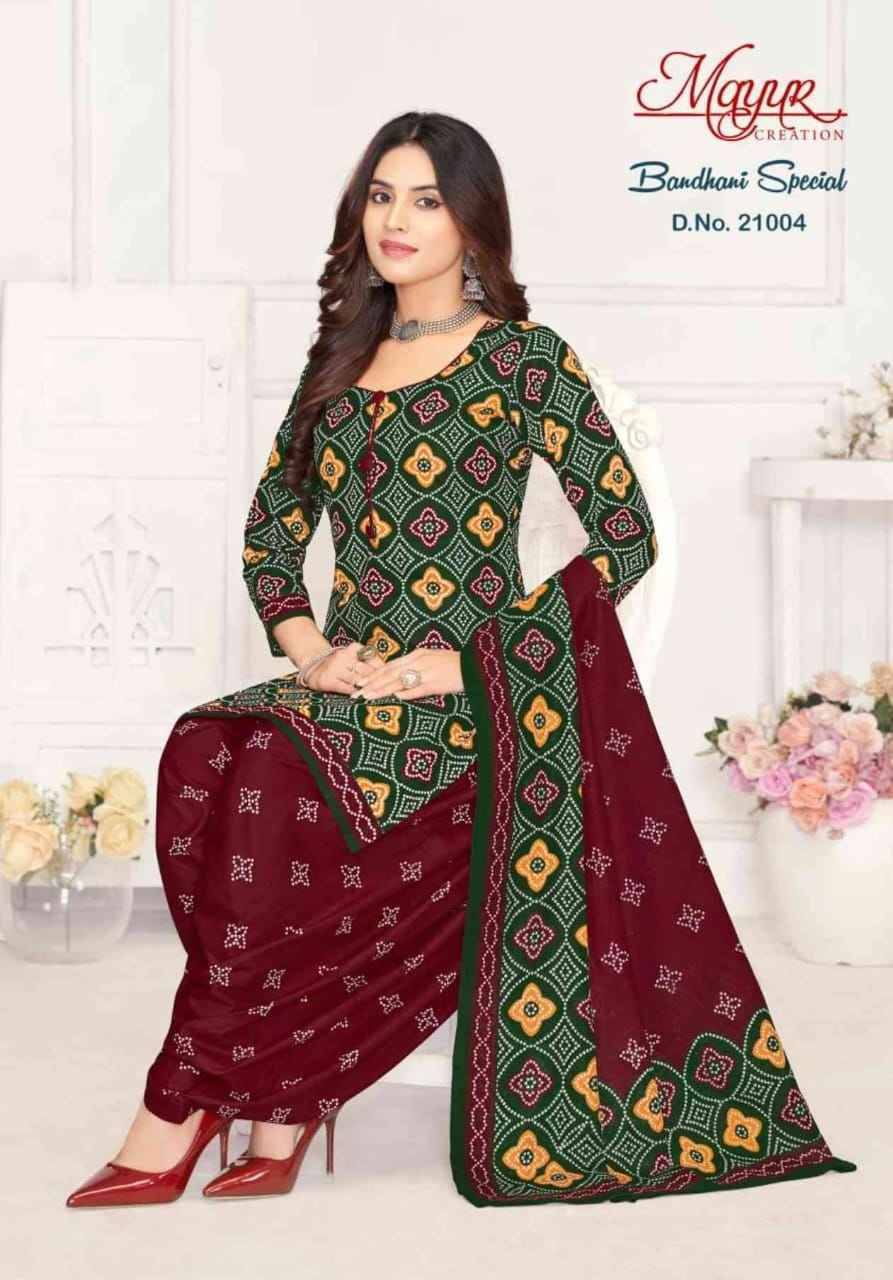 Bandhani Special Vol-21 By Mayur Creation 21001 To 21010 Series Beautiful Stylish Suits Fancy Colorful Casual Wear & Ethnic Wear & Ready To Wear Pure Cotton Dresses At Wholesale Price