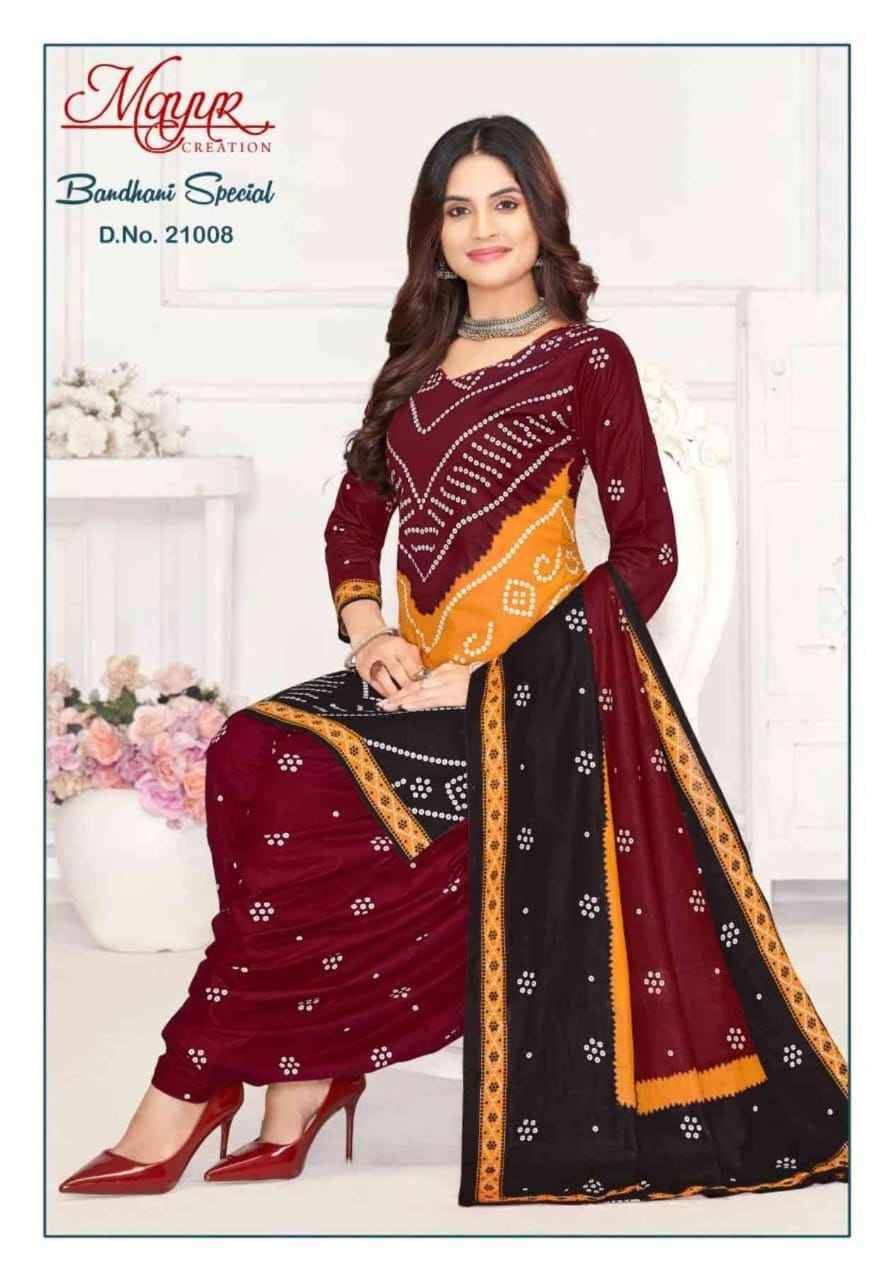 Bandhani Special Vol-21 By Mayur Creation 21001 To 21010 Series Beautiful Stylish Suits Fancy Colorful Casual Wear & Ethnic Wear & Ready To Wear Pure Cotton Dresses At Wholesale Price