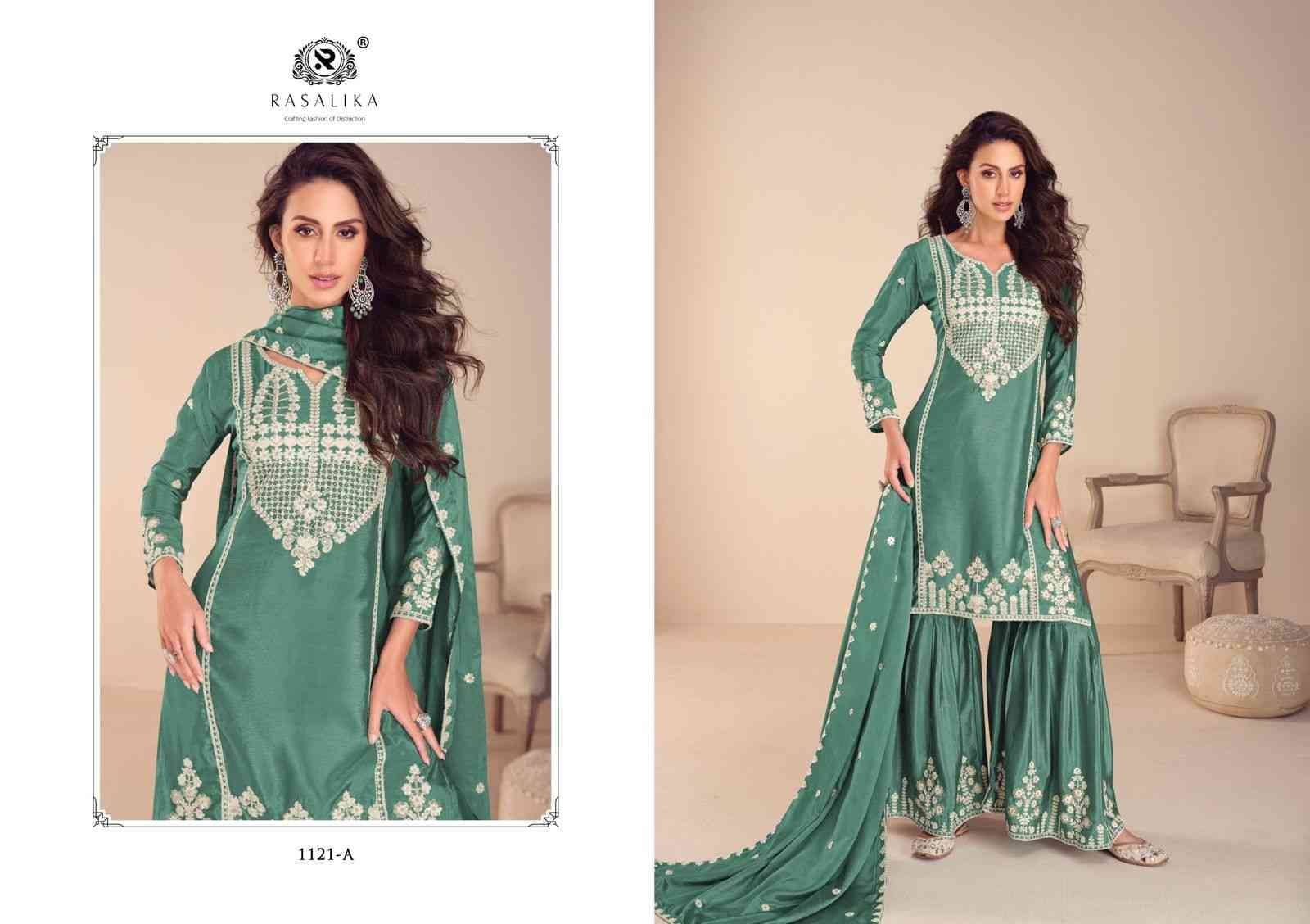 Mehfil By Rasalika 1121-A To 1121-D Series Designer Sharara Suits Beautiful Fancy Colorful Stylish Party Wear & Occasional Wear Heavy Chinnon Silk Dresses At Wholesale Price