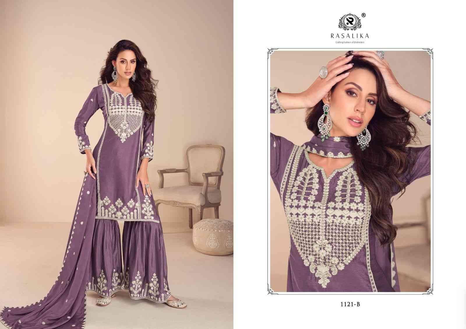 Mehfil By Rasalika 1121-A To 1121-D Series Designer Sharara Suits Beautiful Fancy Colorful Stylish Party Wear & Occasional Wear Heavy Chinnon Silk Dresses At Wholesale Price