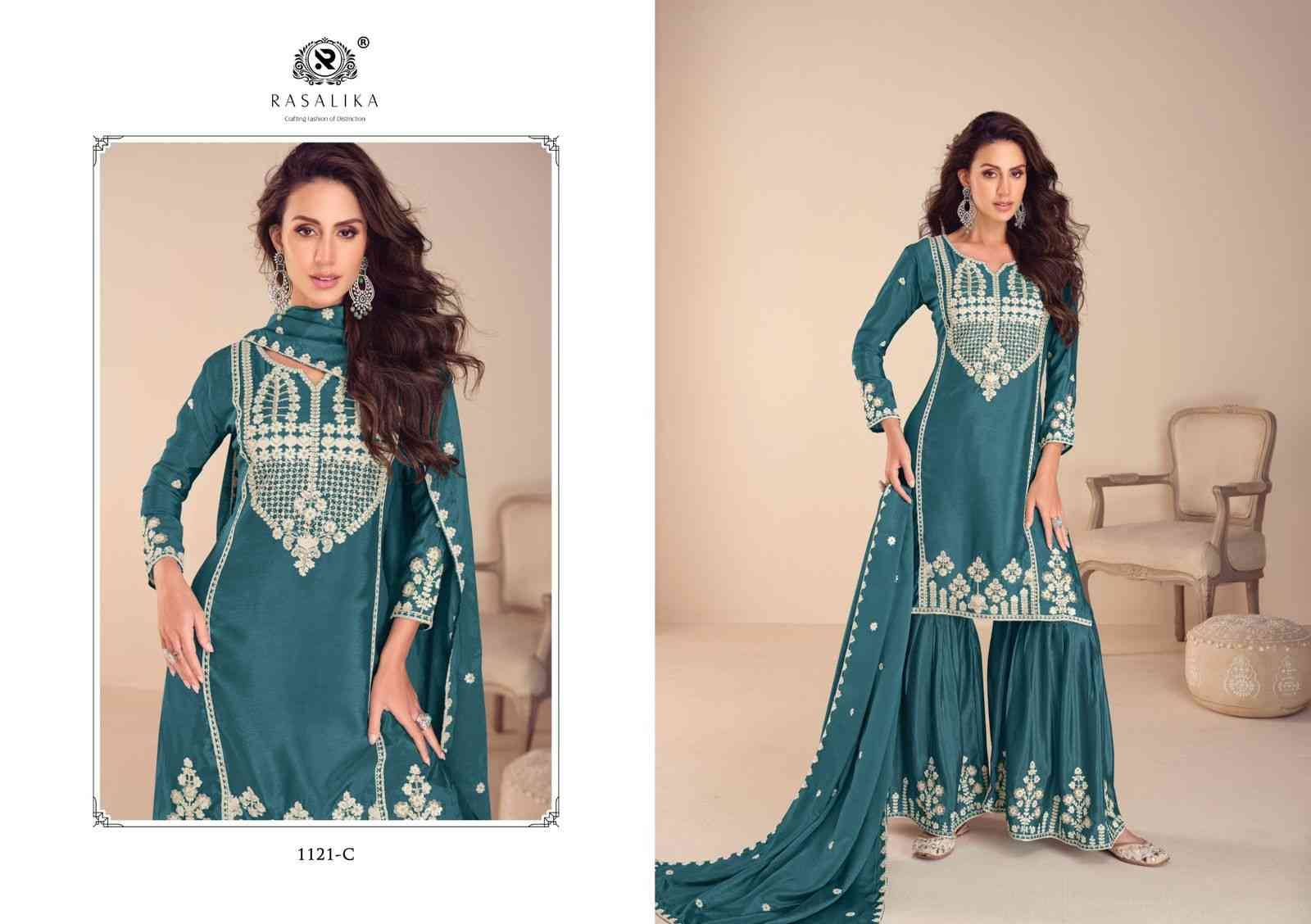 Mehfil By Rasalika 1121-A To 1121-D Series Designer Sharara Suits Beautiful Fancy Colorful Stylish Party Wear & Occasional Wear Heavy Chinnon Silk Dresses At Wholesale Price