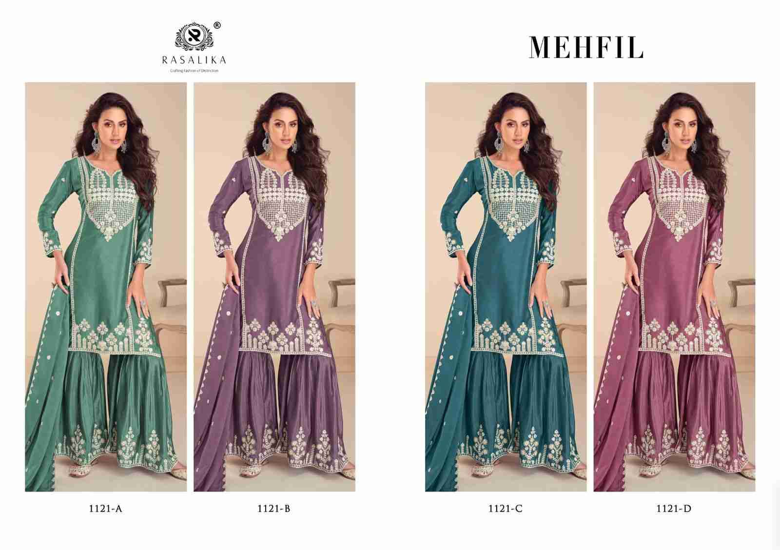 Mehfil By Rasalika 1121-A To 1121-D Series Designer Sharara Suits Beautiful Fancy Colorful Stylish Party Wear & Occasional Wear Heavy Chinnon Silk Dresses At Wholesale Price