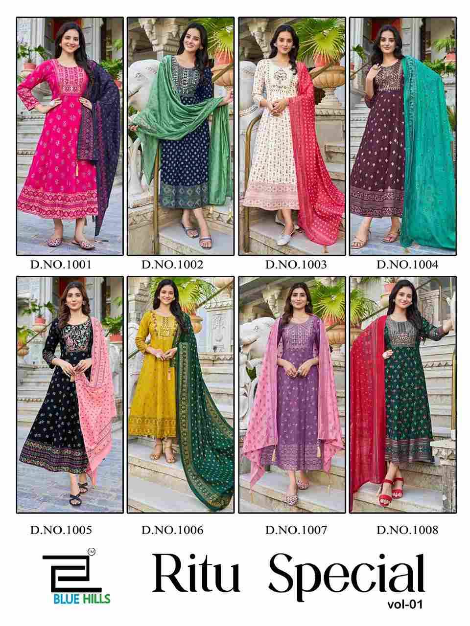 Ritu Special Vol-1 By Blue Hills 1001 To 1008 Series Designer Stylish Fancy Colorful Beautiful Party Wear & Ethnic Wear Collection Rayon Print Gowns With Dupatta At Wholesale Price