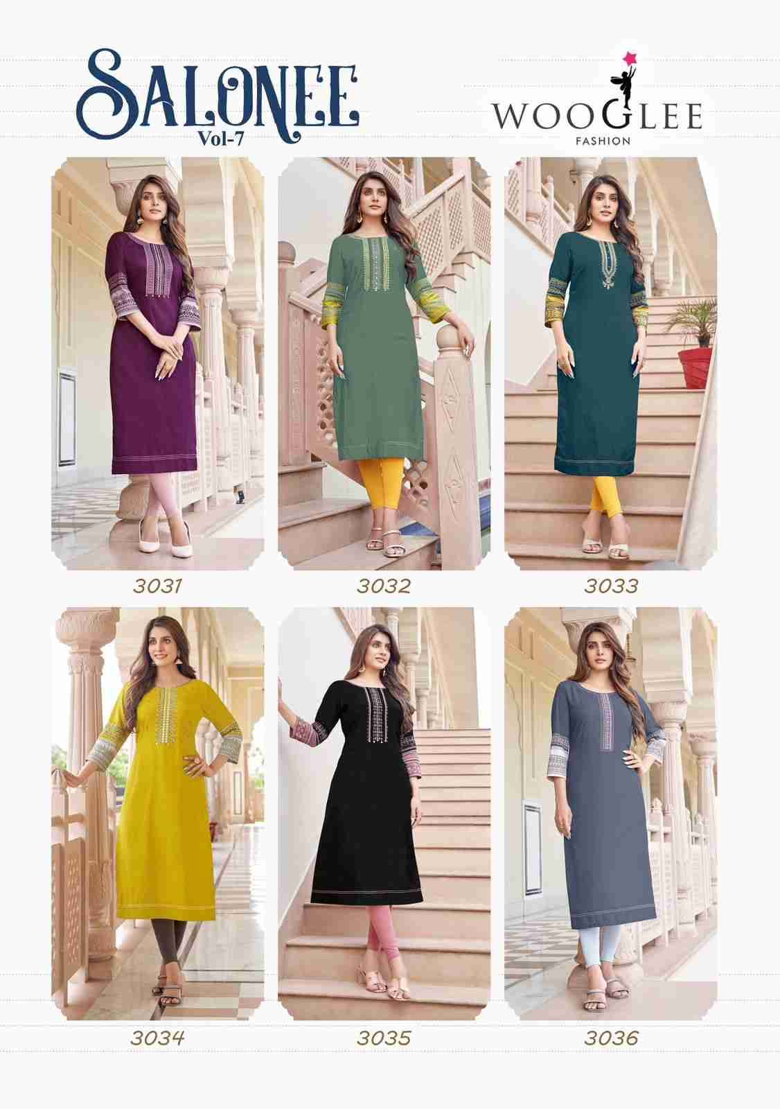 Salonee Vol-7 By Wooglee 3031 To 3036 Series Designer Stylish Fancy Colorful Beautiful Party Wear & Ethnic Wear Collection Rayon With Work Kurtis At Wholesale Price