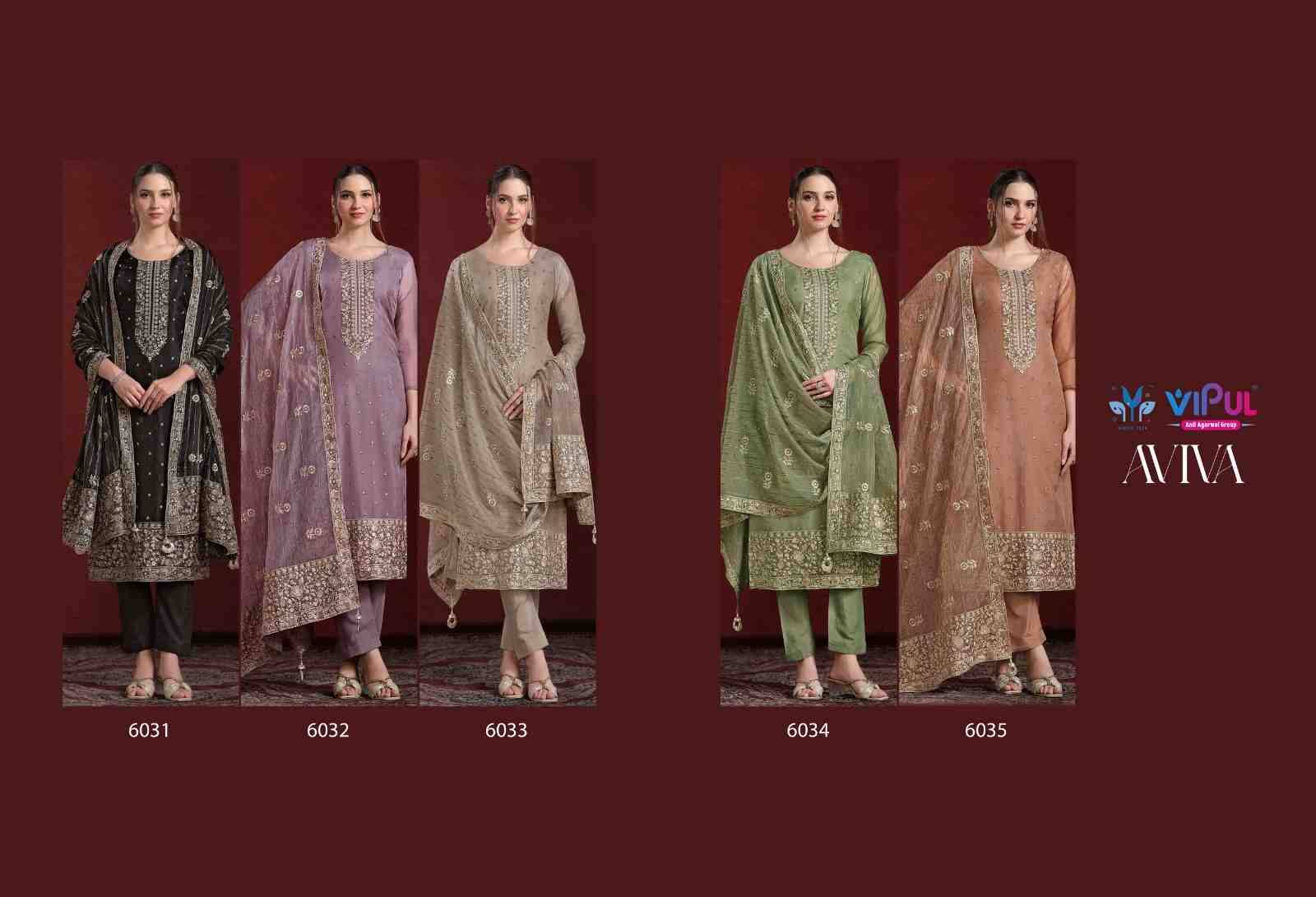 Aviva By Vipul Fashion 6031 To 6035 Series Designer Festive Suits Beautiful Fancy Stylish Colorful Party Wear & Occasional Wear Soft Organza Embroidered Dresses At Wholesale Price