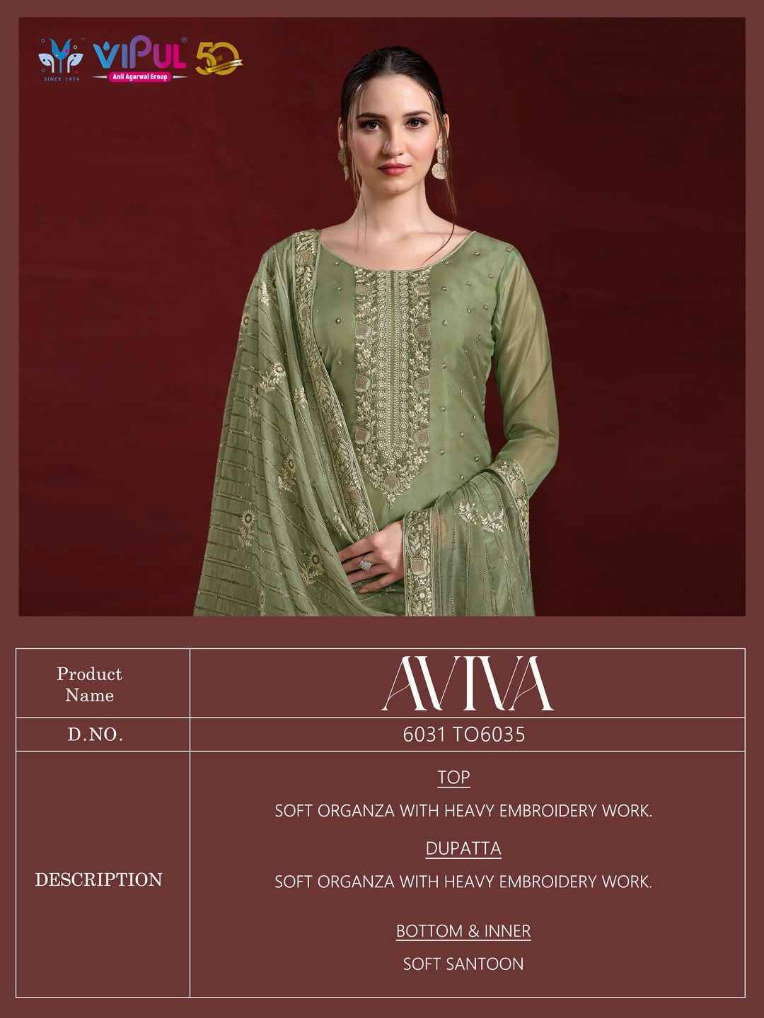 Aviva By Vipul Fashion 6031 To 6035 Series Designer Festive Suits Beautiful Fancy Stylish Colorful Party Wear & Occasional Wear Soft Organza Embroidered Dresses At Wholesale Price