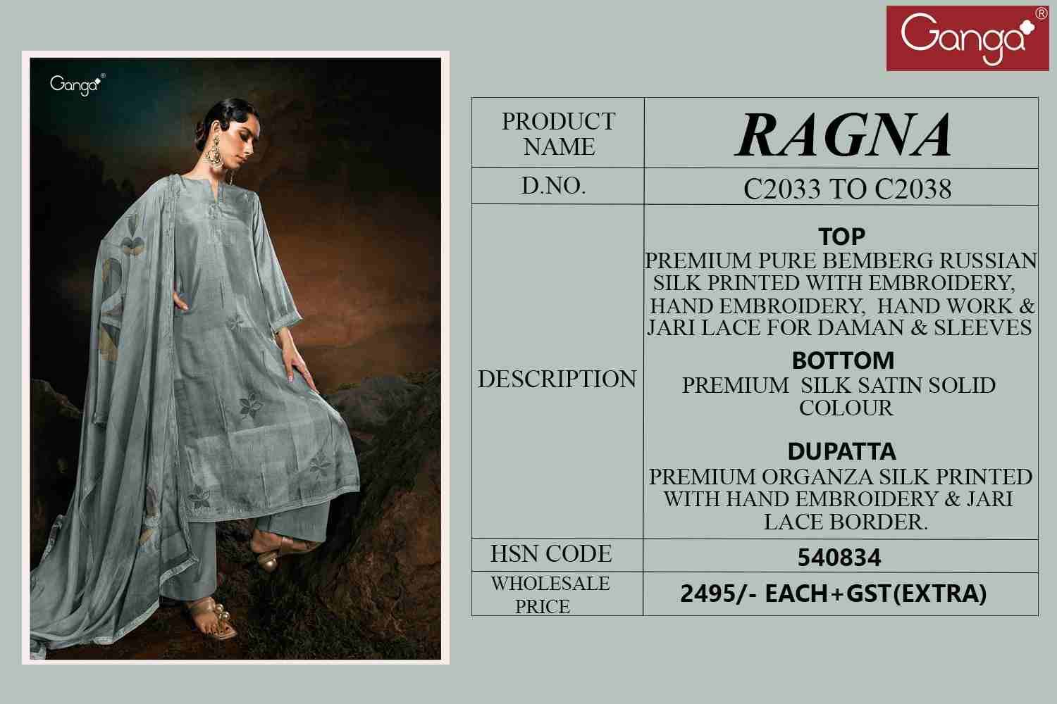 Ragna By Ganga Fashion 2033 To 2038 Series Beautiful Festive Suits Colorful Stylish Fancy Casual Wear & Ethnic Wear Bemberg Silk Dresses At Wholesale Price