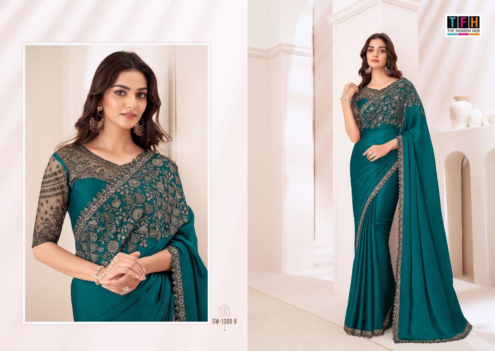 Sandalwood 1309 Colours By TFH 1309-A To 1309-F Series Indian Traditional Wear Collection Beautiful Stylish Fancy Colorful Party Wear & Occasional Wear Satin Chiffon Sarees At Wholesale Price