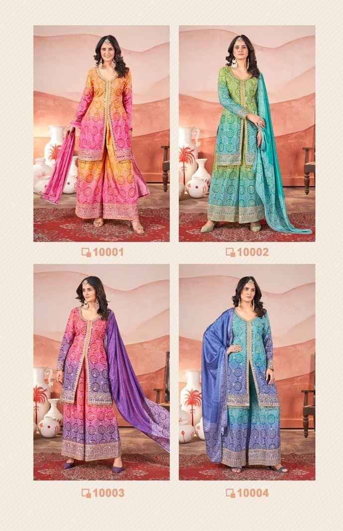 Kasturi By Fashid Wholesale 10001 To 10004 Series Beautiful Sharara Suits Colorful Stylish Fancy Casual Wear & Ethnic Wear Chinnon Silk Embroidery Dresses At Wholesale Price