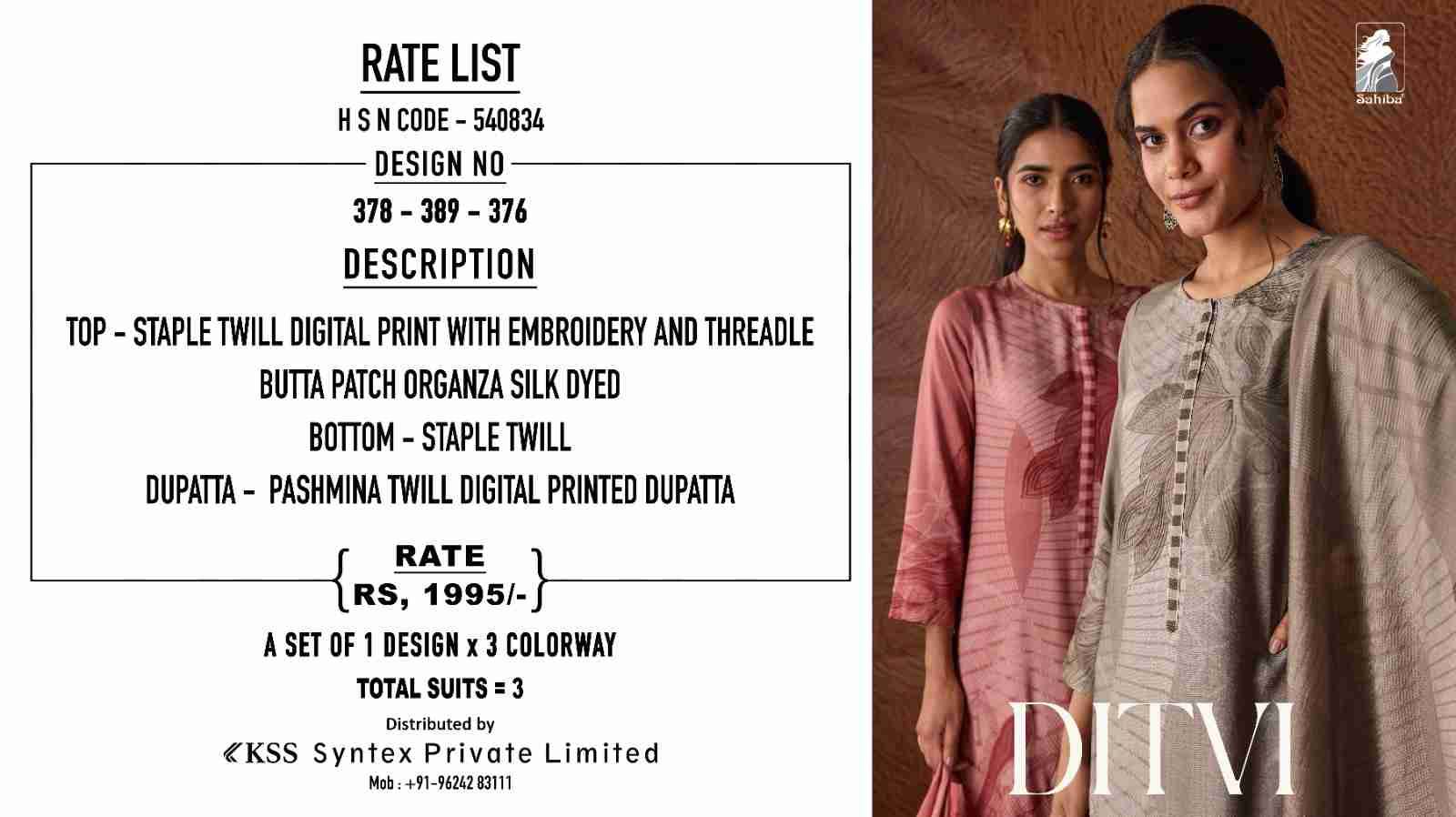 Ditvi By Sahiba Fabrics Beautiful Festive Suits Colorful Stylish Fancy Casual Wear & Ethnic Wear Staple Twill Dresses At Wholesale Price