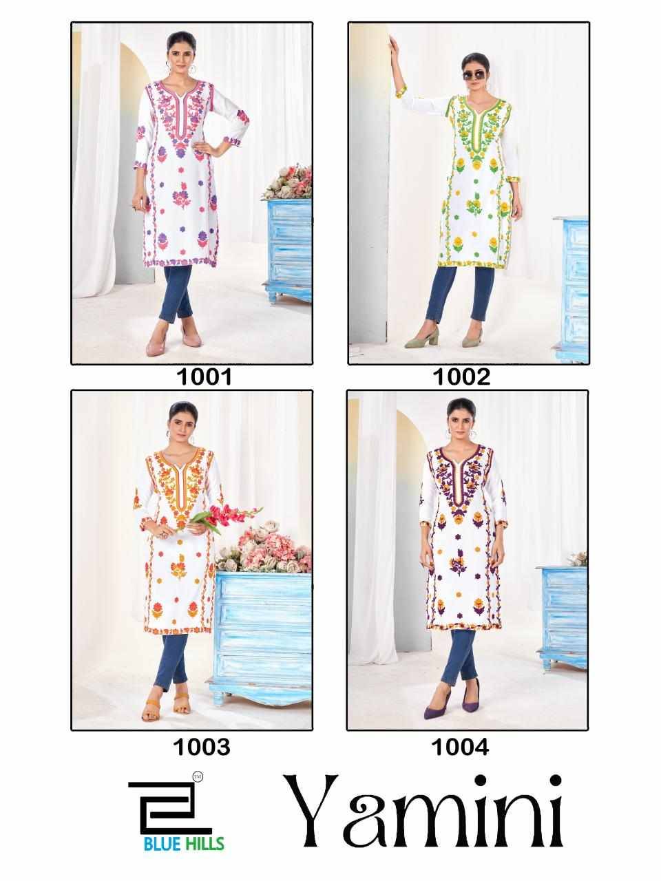 Yamini By Blue Hills 1001 To 1004 Series Designer Stylish Fancy Colorful Beautiful Party Wear & Ethnic Wear Collection Rayon With Work Kurtis At Wholesale Price