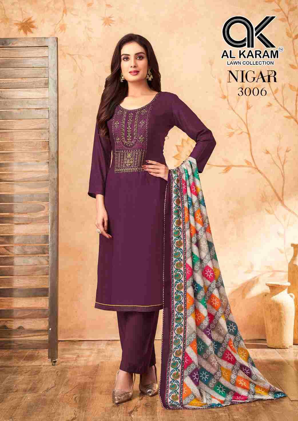 Nigar Vol-3 By Al Karam Lawn Collection 3001 To 3006 Series Beautiful Festive Suits Stylish Fancy Colorful Casual Wear & Ethnic Wear Heavy Rayon Slub Print Dresses At Wholesale Price