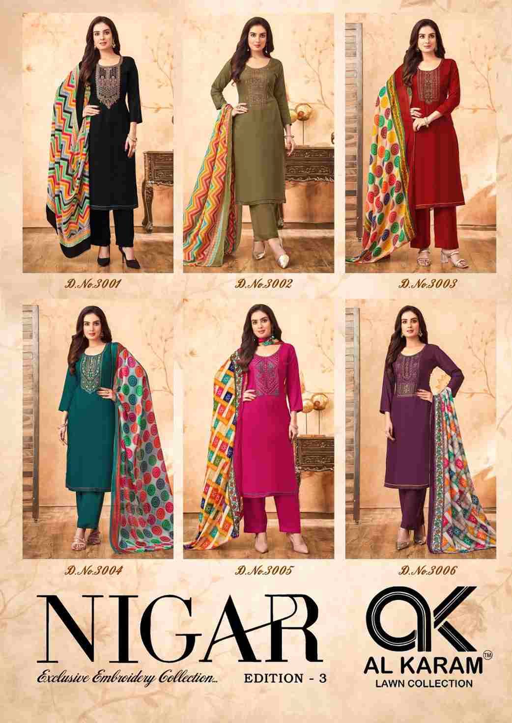 Nigar Vol-3 By Al Karam Lawn Collection 3001 To 3006 Series Beautiful Festive Suits Stylish Fancy Colorful Casual Wear & Ethnic Wear Heavy Rayon Slub Print Dresses At Wholesale Price