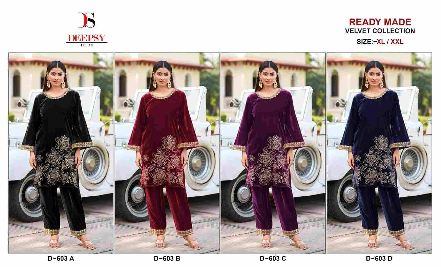 Deepsy Hit Design 603 Colours By Deepsy Suits 603-A To 603-D Series Designer Pakistani Suits Collection Beautiful Stylish Fancy Colorful Party Wear & Occasional Wear Velvet Kurtis With Bottom At Wholesale Price