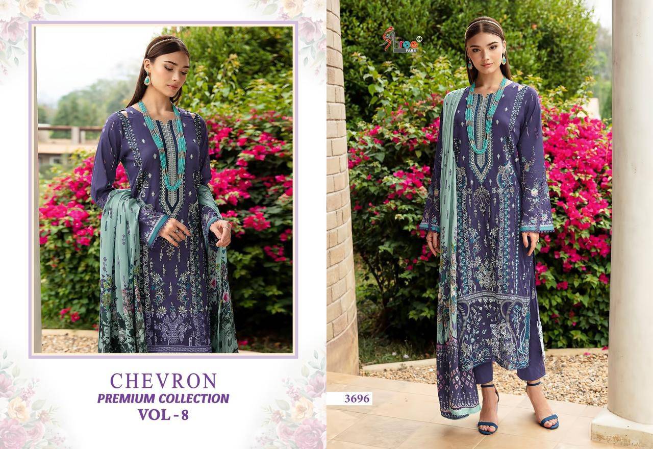 Chevron Premium Collection Vol-8 By Shree Fabs 3693 To 3700 Series Beautiful Pakistani Suits Colorful Stylish Fancy Casual Wear & Ethnic Wear Pure Cotton Embroidered Dresses At Wholesale Price