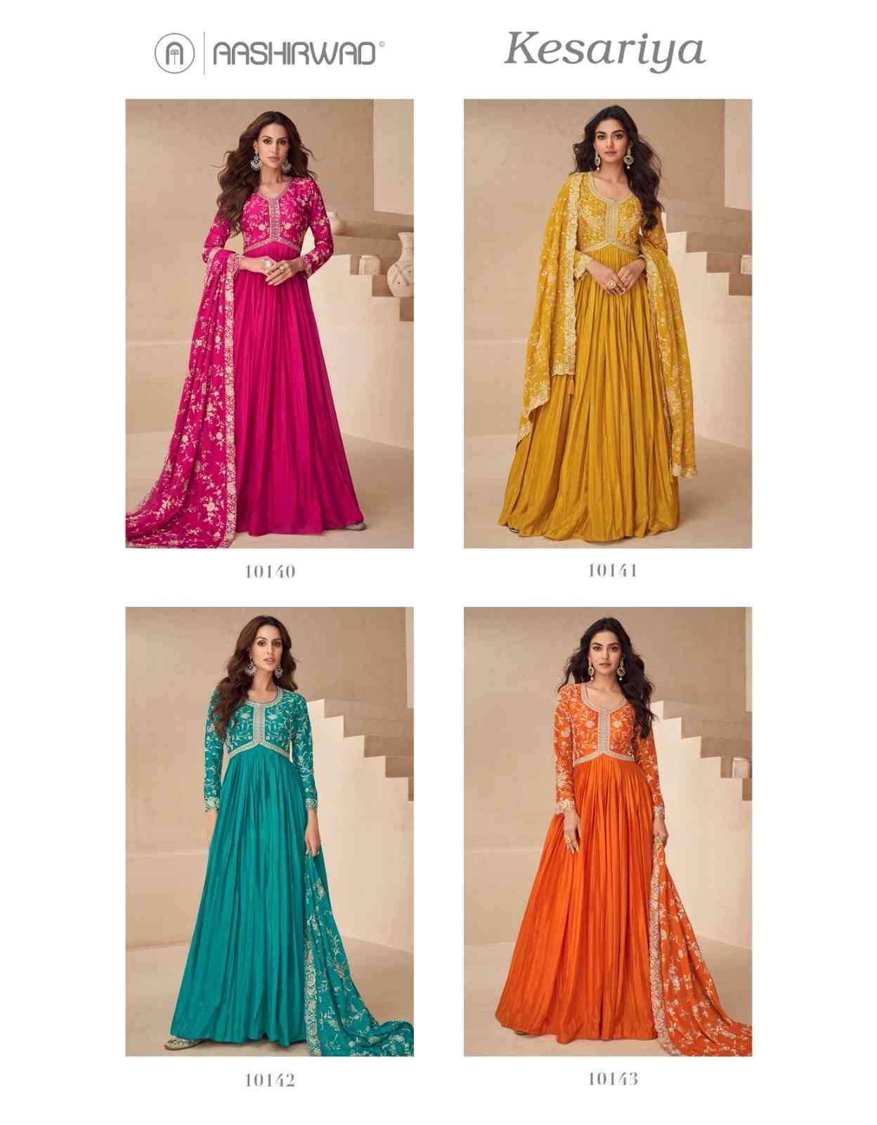 Kesariya By Aashirwad Creation 10140 To 10143 Series Designer Stylish Fancy Colorful Beautiful Party Wear & Ethnic Wear Collection Chinnon Silk Gowns With Dupatta At Wholesale Price