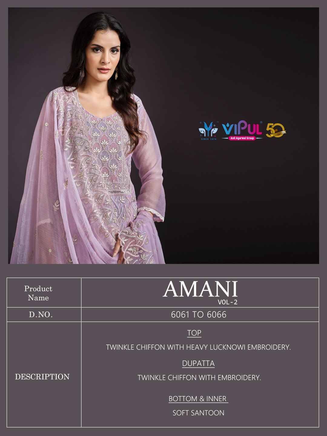 Amina Vol-2 By Vipul Fashion 6061 To 6066 Series Designer Festive Suits Beautiful Fancy Stylish Colorful Party Wear & Occasional Wear Chiffon Embroidered Dresses At Wholesale Price