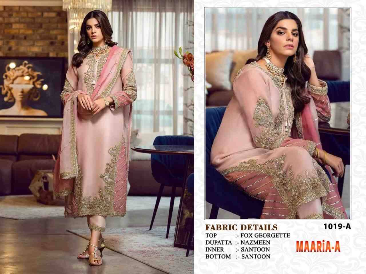 Maaria-A 1019 Colours By Fashid Wholesale 1019-A To 1019-D Series Designer Festive Pakistani Suits Collection Beautiful Stylish Fancy Colorful Party Wear & Occasional Wear Faux Georgette With Embroidered Dresses At Wholesale Price