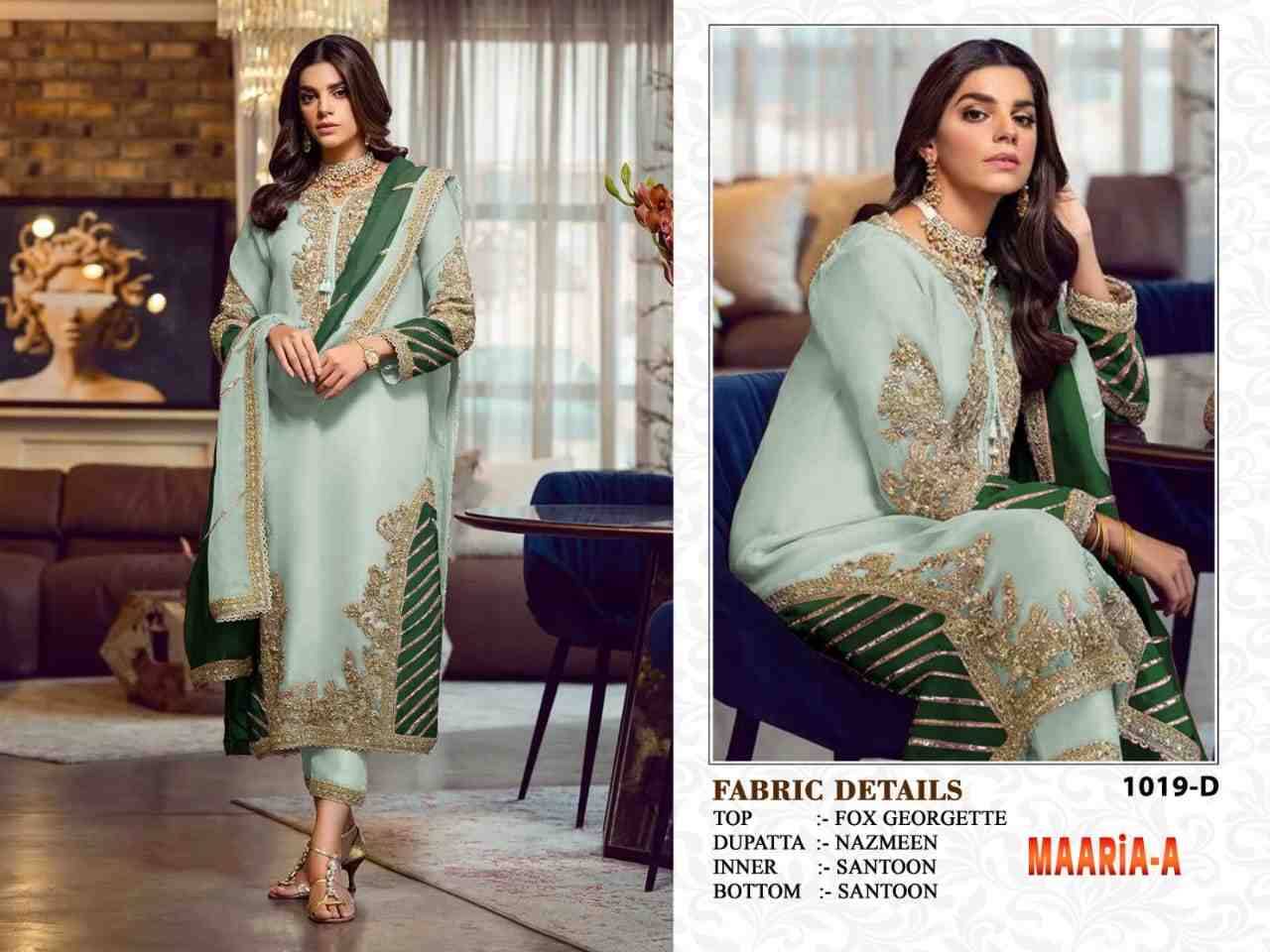 Maaria-A 1019 Colours By Fashid Wholesale 1019-A To 1019-D Series Designer Festive Pakistani Suits Collection Beautiful Stylish Fancy Colorful Party Wear & Occasional Wear Faux Georgette With Embroidered Dresses At Wholesale Price