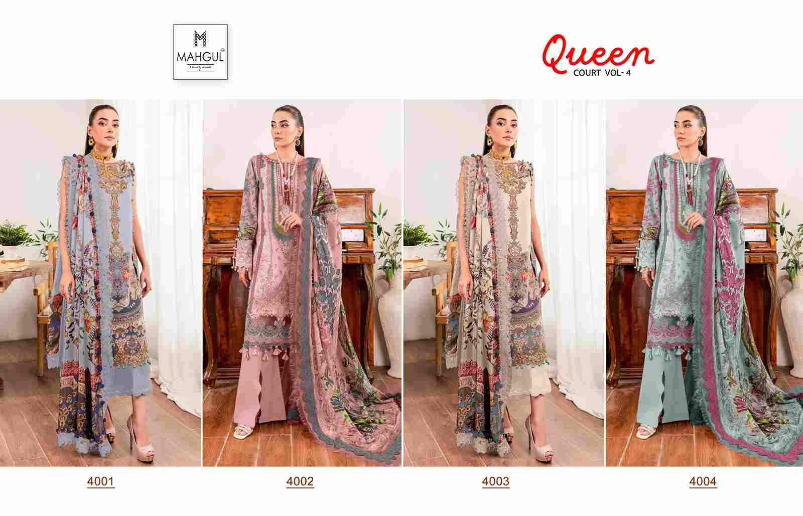 Queen Court Vol-4 By Mahgul 4001 To 4004 Series Designer Pakistani Suits Beautiful Stylish Fancy Colorful Party Wear & Occasional Wear Lawn Cotton Dresses At Wholesale Price