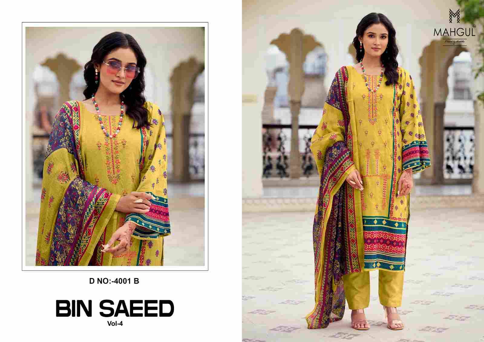 Bin Saeed Vol-4 By Mahgul 4001-A To 4001-D Series Designer Pakistani Suits Beautiful Stylish Fancy Colorful Party Wear & Occasional Wear Lawn Cotton Dresses At Wholesale Price