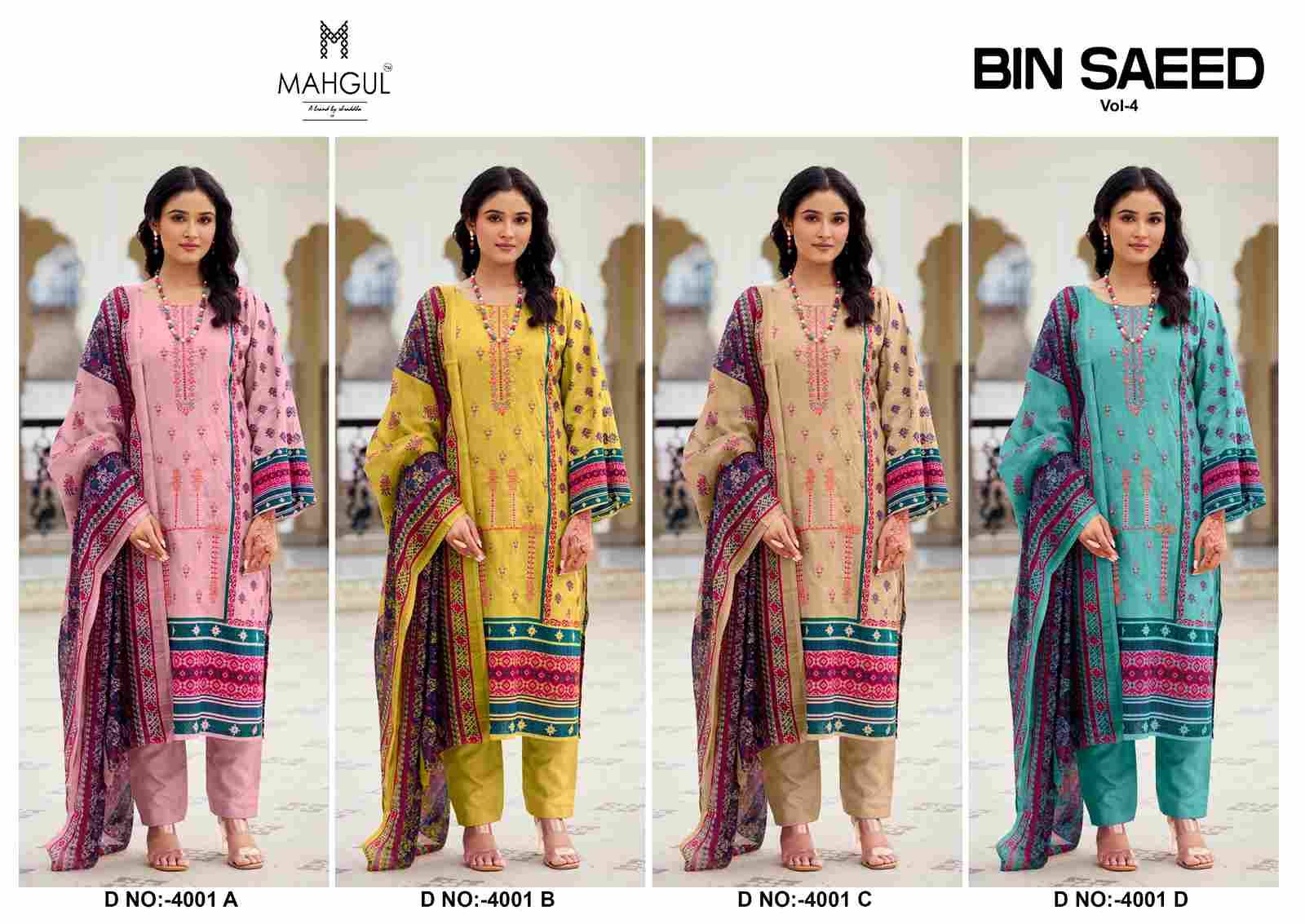 Bin Saeed Vol-4 By Mahgul 4001-A To 4001-D Series Designer Pakistani Suits Beautiful Stylish Fancy Colorful Party Wear & Occasional Wear Lawn Cotton Dresses At Wholesale Price