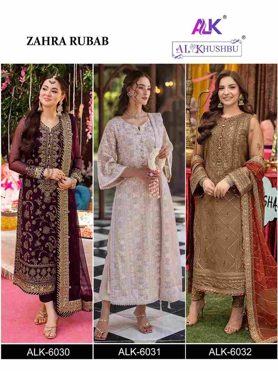 Zahra Rubab By Al Khushbu 6030 To 6032 Series Beautiful Pakistani Suits Colorful Stylish Fancy Casual Wear & Ethnic Wear Faux Georgette Dresses At Wholesale Price