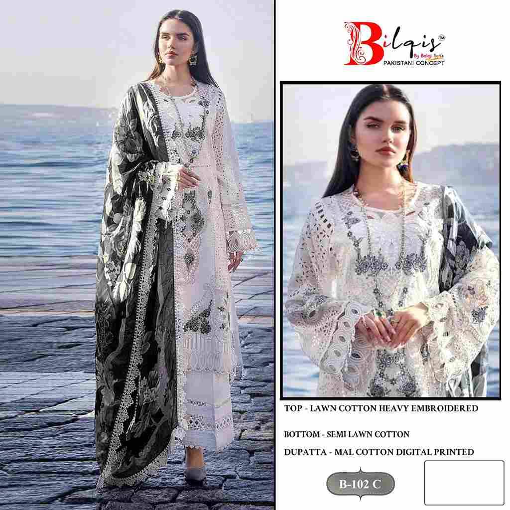 Bilqis 102 Colours By Bilqis 102-A To 102-C Series Beautiful Pakistani Suits Stylish Fancy Colorful Party Wear & Occasional Wear Lawn Cotton Embroidery Dresses At Wholesale Price