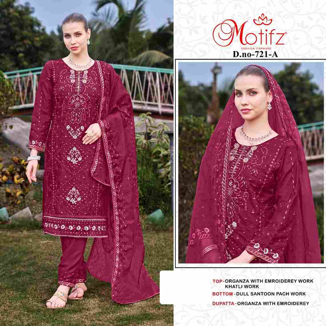 Motifz Hit Design 721 Colours By Motifz 721-A To 721-D Series Beautiful Pakistani Suits Colorful Stylish Fancy Casual Wear & Ethnic Wear Organza Dresses At Wholesale Price