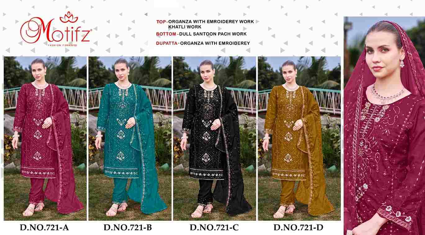 Motifz Hit Design 721 Colours By Motifz 721-A To 721-D Series Beautiful Pakistani Suits Colorful Stylish Fancy Casual Wear & Ethnic Wear Organza Dresses At Wholesale Price